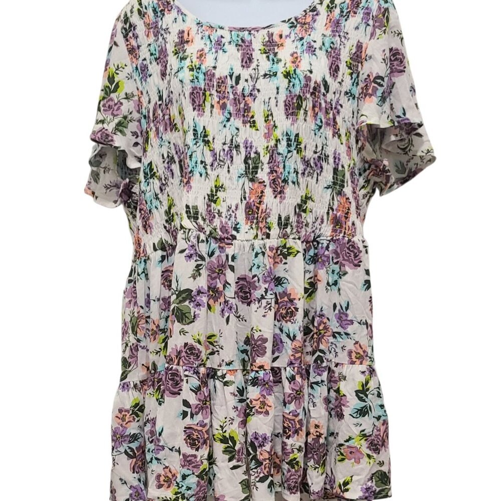 Torrid Plus Size Floral Smocked Crinkle Gauze Babydoll Top Short Sleeve